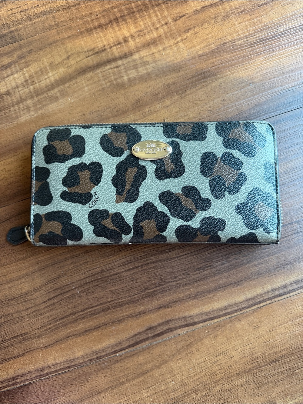COACH Ocelot Leopard Print Zip Wallet in Brown and Black